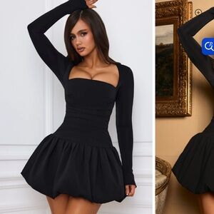 OH POLLY VIOLA LONG SLEEVE BUBBLE HEM MINI DRESS IN BLACK